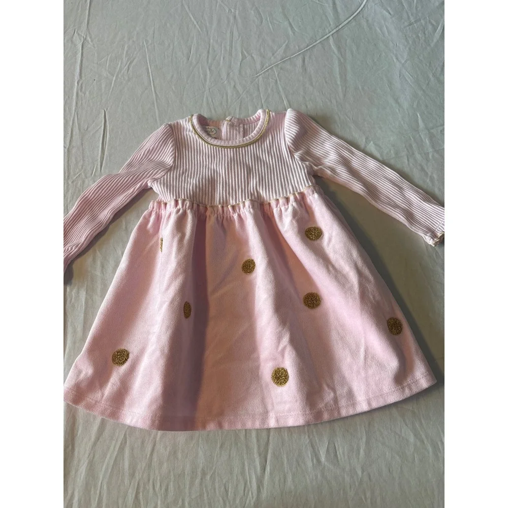 Mud Pie Dress Baby Girls 9-12M‎ Pink Excellent Gold Glitter Polka Dot Ribbed